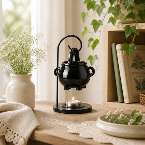 Emberhollow cauldron warmer in a soft, bright cottagecore setting