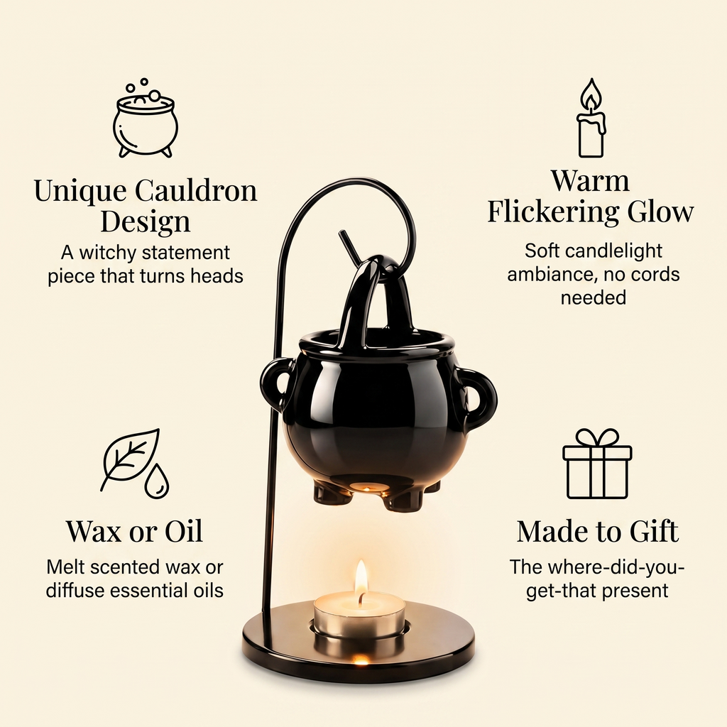 Emberhollow cauldron warmer feature highlights: unique design, warm glow, wax or oil, made to gift
