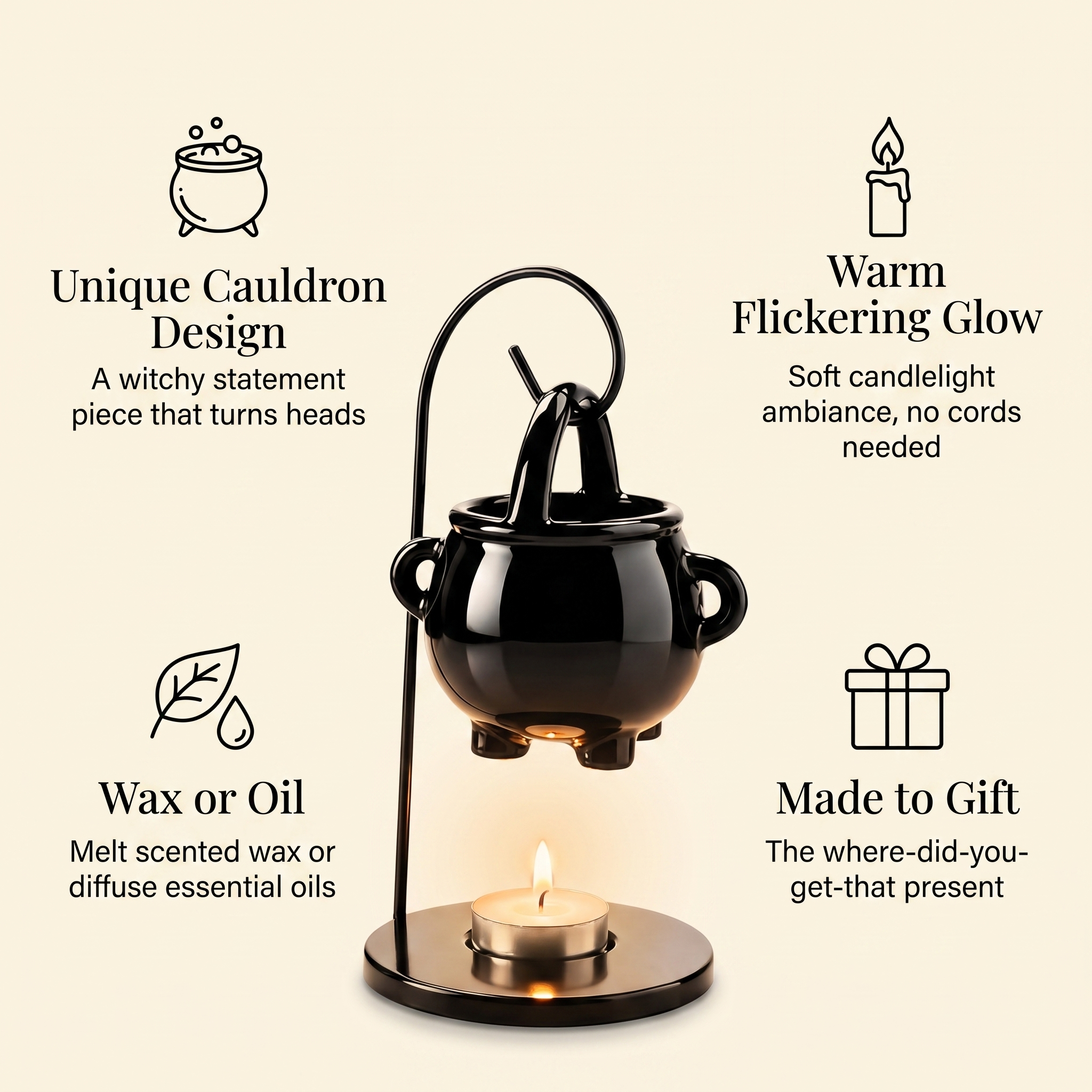 Emberhollow cauldron warmer feature highlights: unique design, warm glow, wax or oil, made to gift