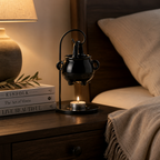Emberhollow cauldron warmer glowing on a bedside table in the evening