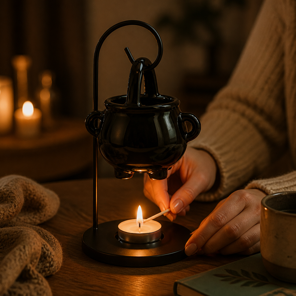 Hands lighting the tea light beneath the Emberhollow cauldron warmer